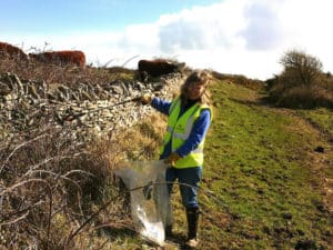 Jan with Love Langton removes a dog poo bag from a dry stone wall - Great British Spring Clean 2017.